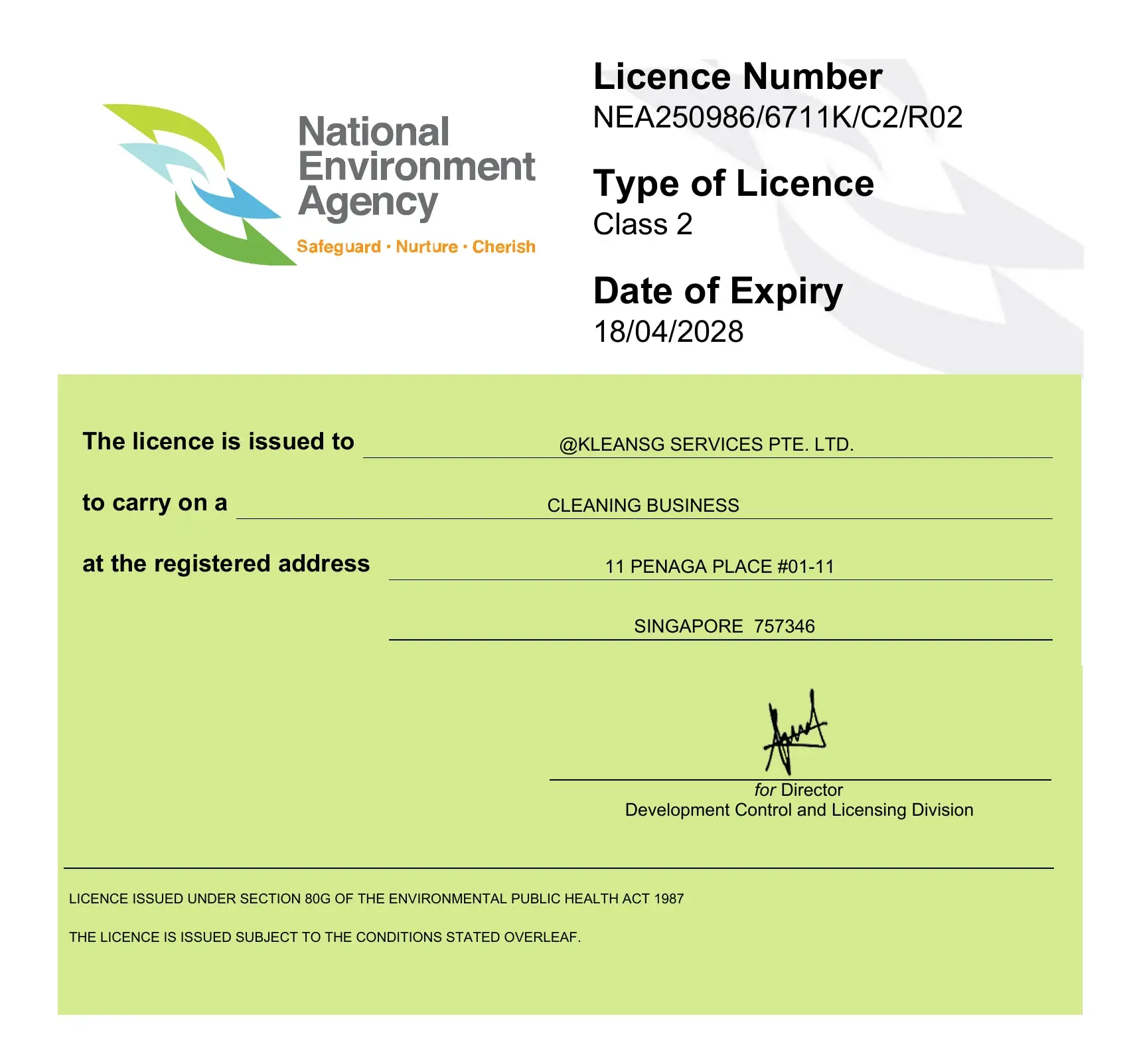 KleanSG NEA Class 2 Cleaning Business Licence, licence number NEA250986/6711K/C2/R02