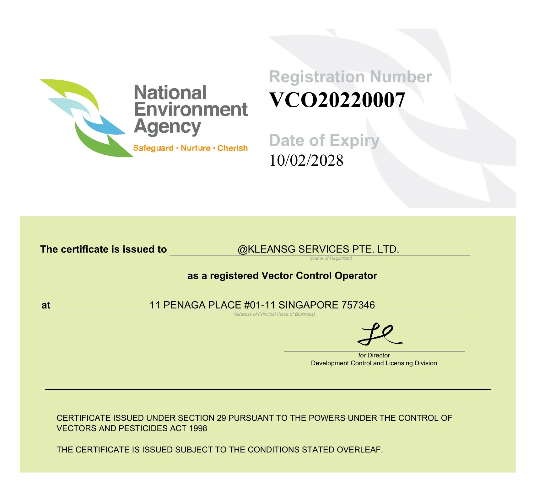 KleanSG Registered Vector Control Operator certificate, registration VCO20220007