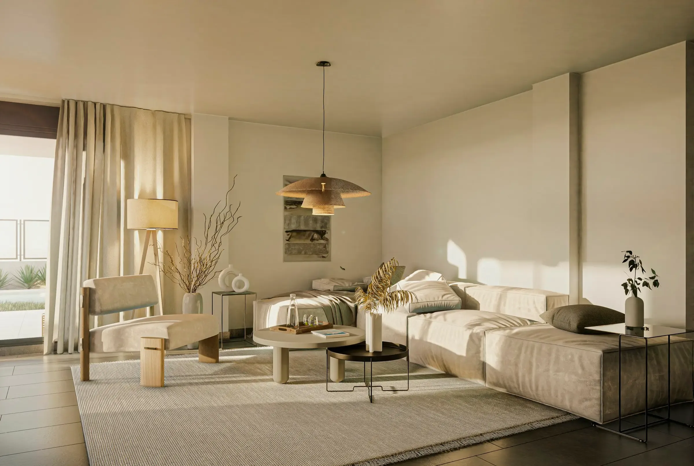 A sunlit living room with a beige sofa, a pendant lamp and linen curtains